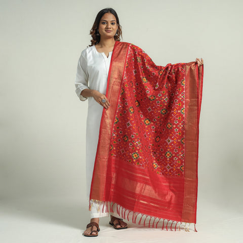 Red - Handspun Handwoven Pochampally Ikat Silk Dupatta with Zari Border