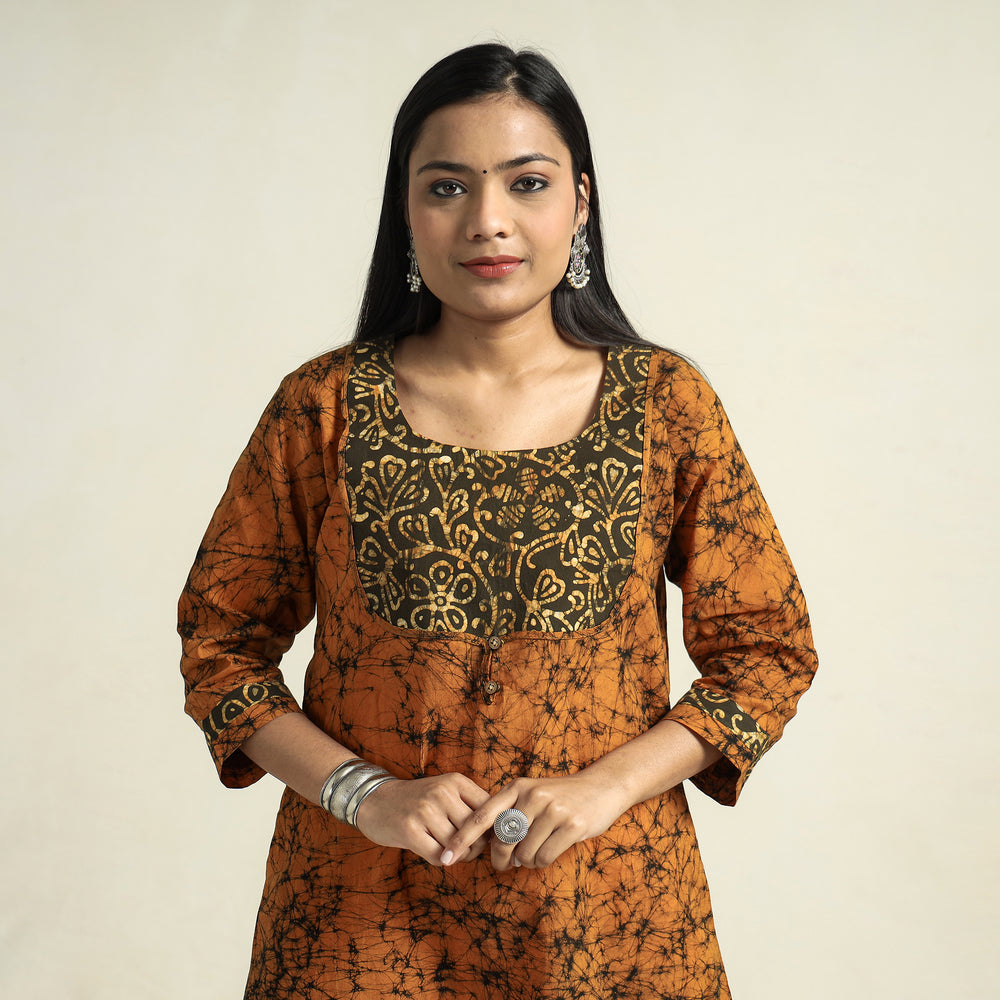 Orange - Kutch Batik Printed Cotton A-Line Kurta