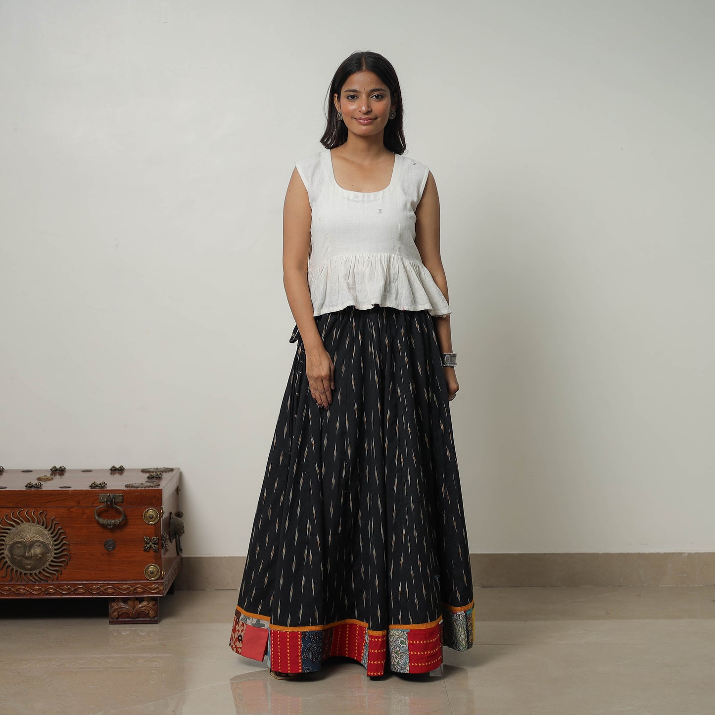 Black - 24 Kali Cotton Pochampally Ikat Skirt with Border 25