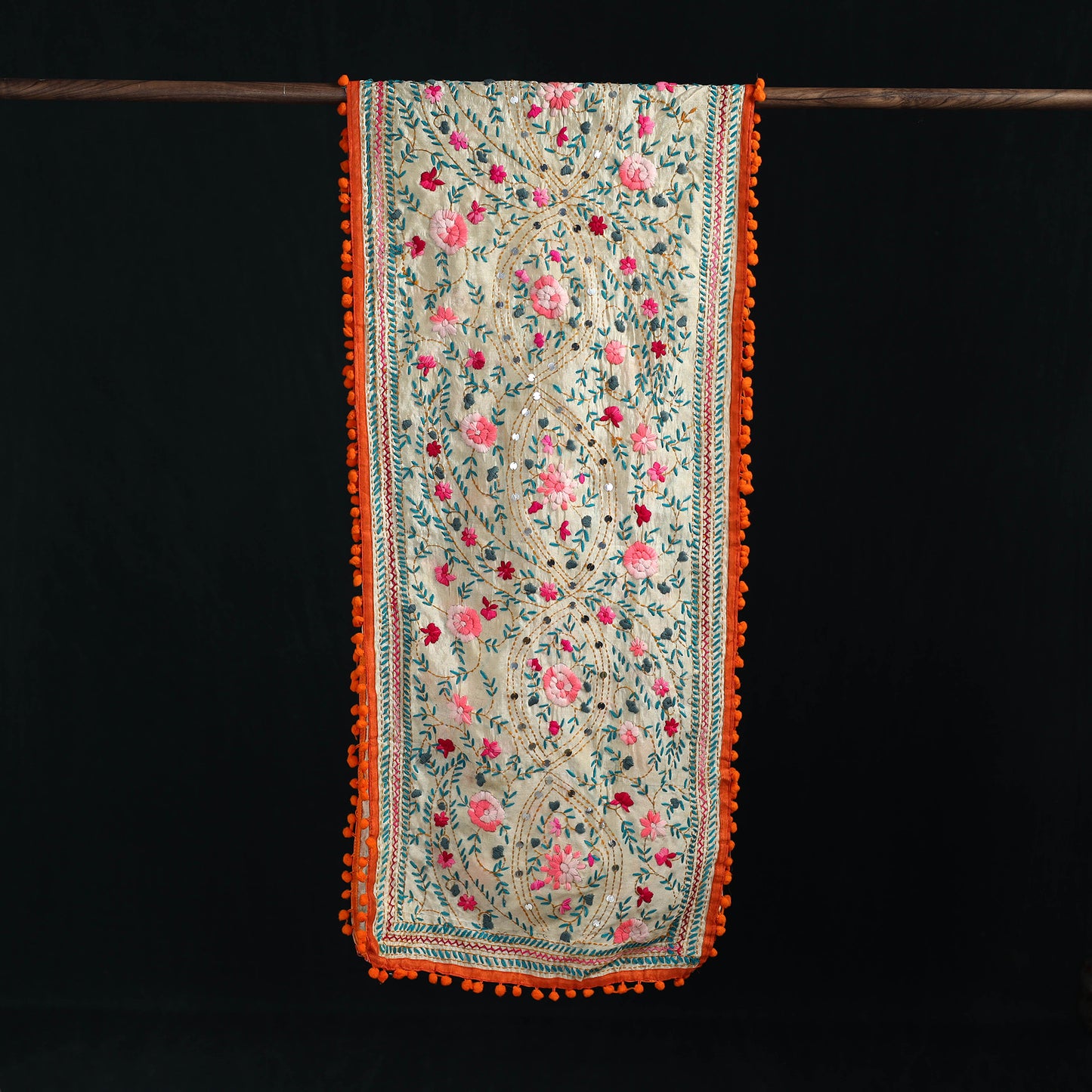 Ranihati Chanderi Silk Hand Embroidered Stole with Pom Pom 192