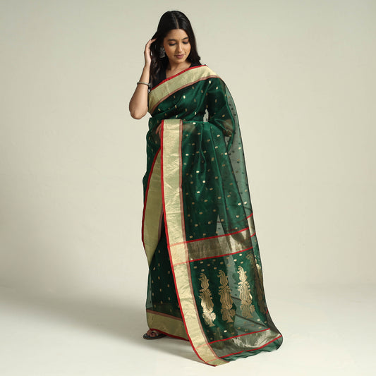 Green - Traditional Chanderi Katan Silk Handloom Zari Work Saree by Rauph Khan