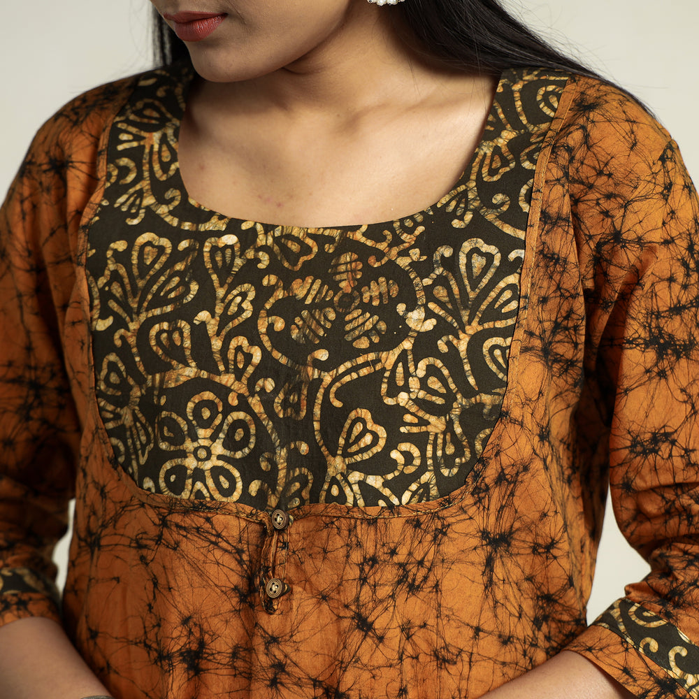 Orange - Kutch Batik Printed Cotton A-Line Kurta