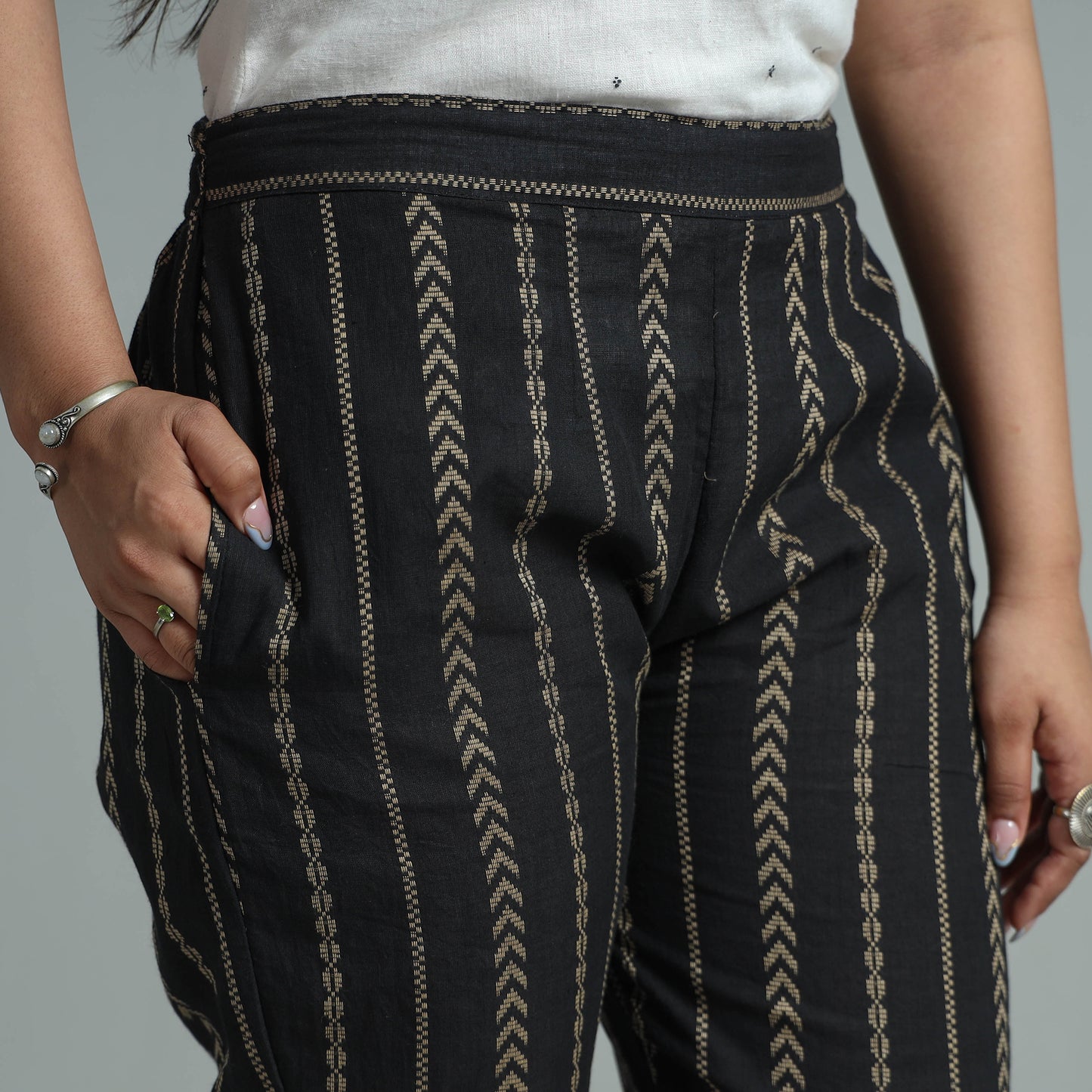 Black - Jacquard Weave Cotton Elasticated Pant 08