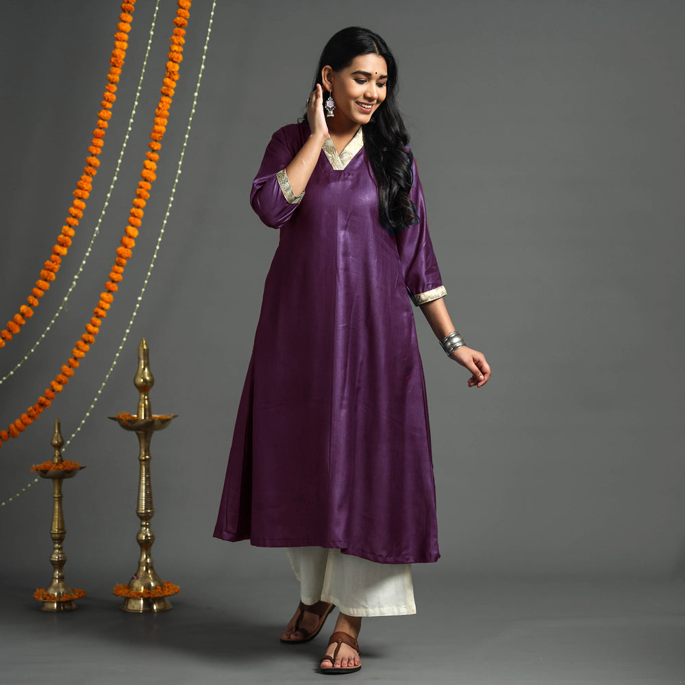 Purple - Plain Tussar Silk Handloom Banarasi Patchwork Floral A-Line Kurta