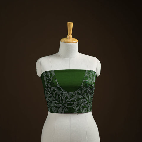 Green - Bengal Kantha Hand Embroidered Cotton Blouse Piece 48