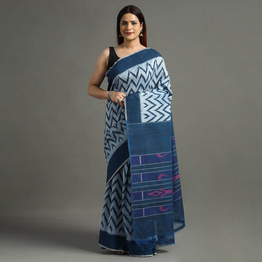 Blue - Pochampally Ikat Weave Handloom Cotton Saree 07