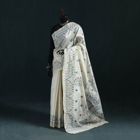 White - Bengal Hand Embroidery Silk Nakshi Kantha Saree 09