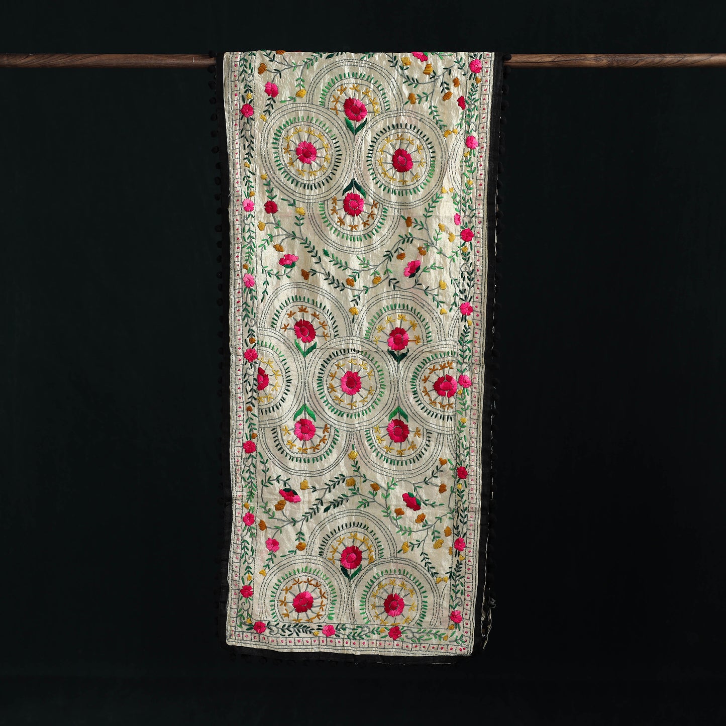 Ranihati Chanderi Silk Hand Embroidered Stole with Pom Pom 189
