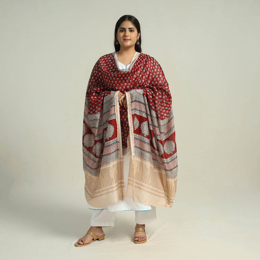 Red - Traditional Maheshwari Silk Bagh Print Dupatta 29