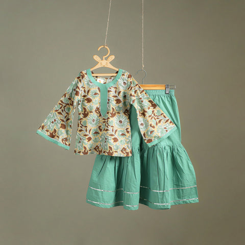 Girls Gota Work Floral Block Print Cotton Kurta with Sharara Set (3-4 Years) 25