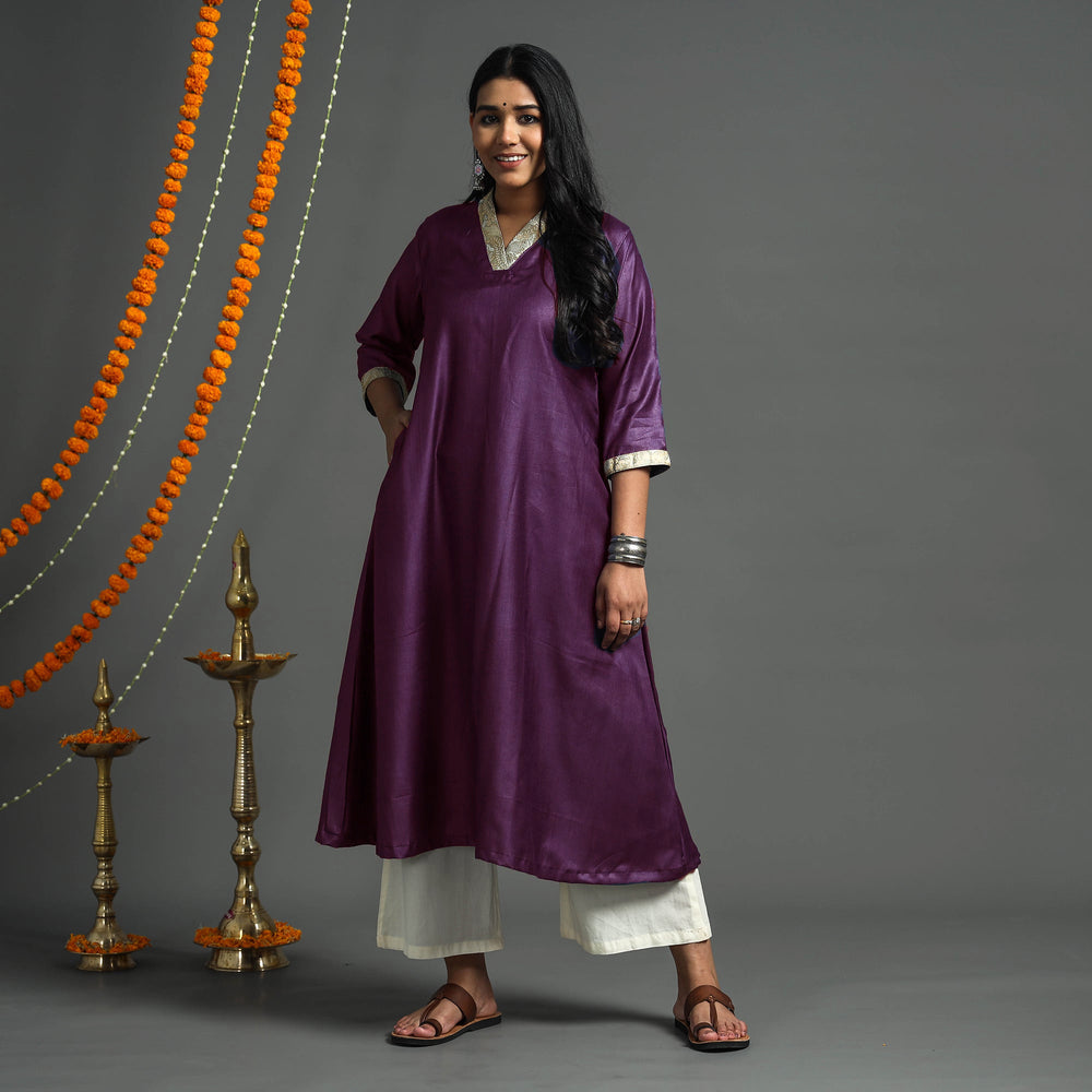 Purple - Plain Tussar Silk Handloom Banarasi Patchwork Floral A-Line Kurta