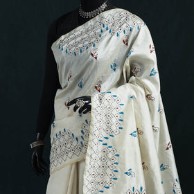 White - Bengal Hand Embroidery Silk Nakshi Kantha Saree 09