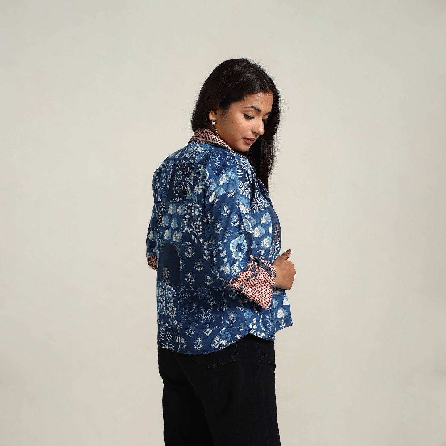 Patchwork Indigo Bagru Print Women's Jacket 07