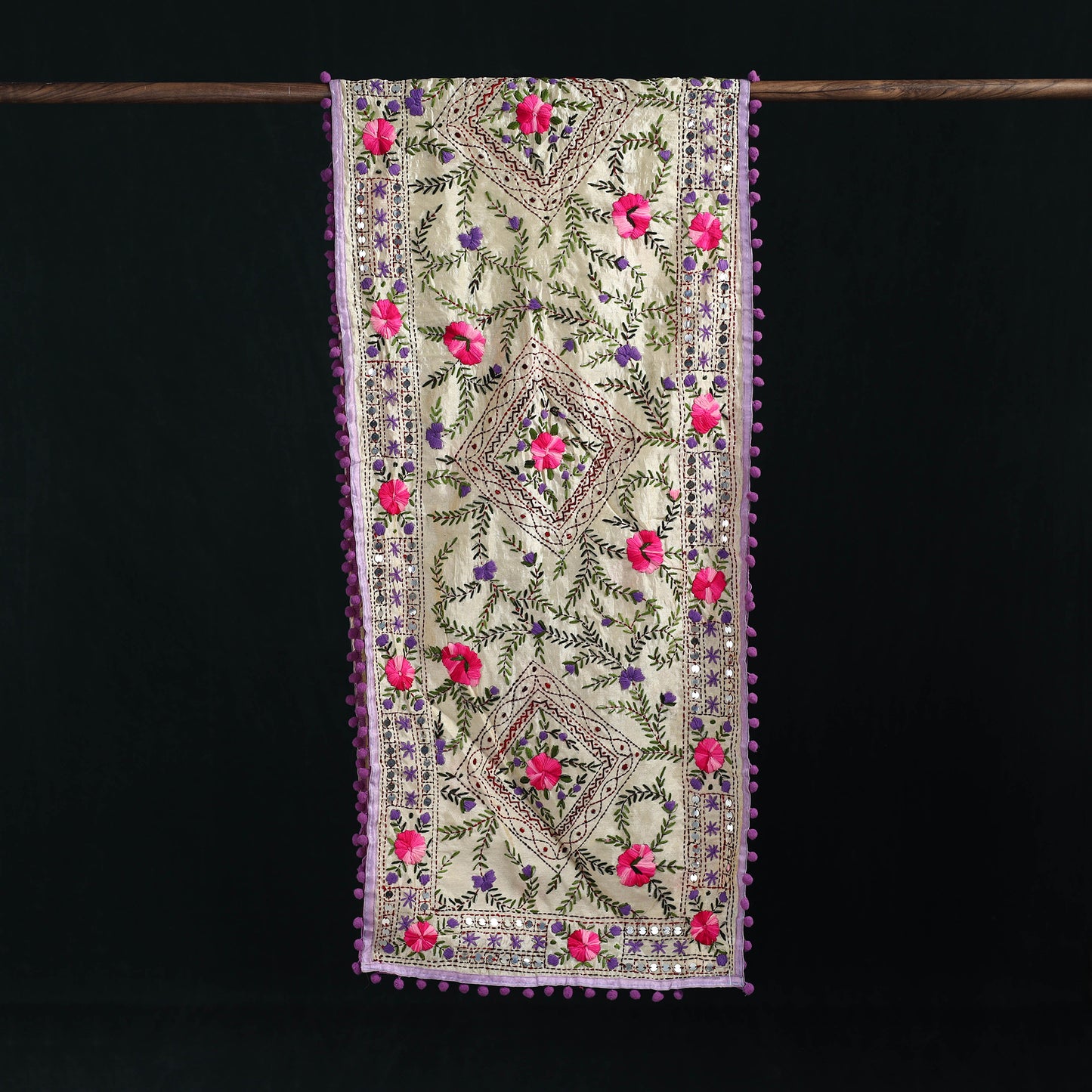 Ranihati Chanderi Silk Hand Embroidered Stole with Pom Pom 188