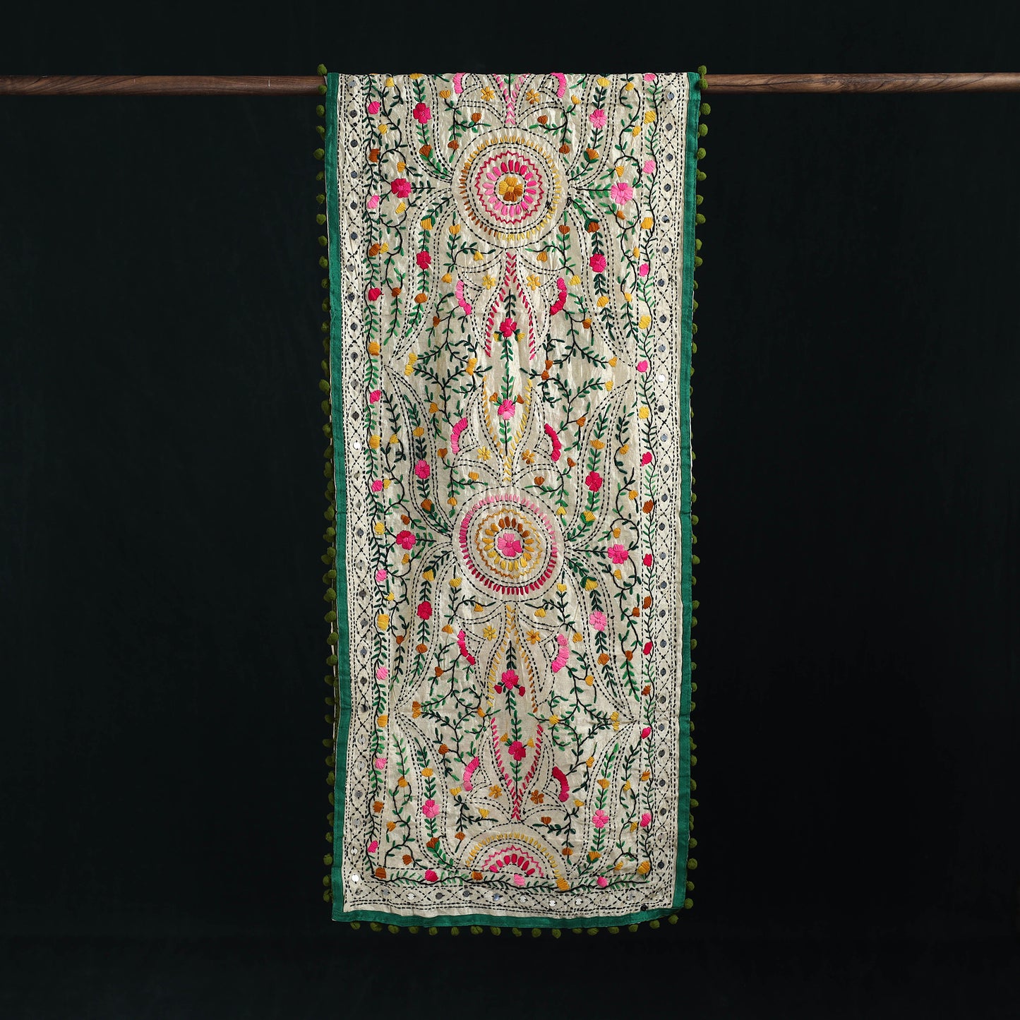 Ranihati Chanderi Silk Hand Embroidered Stole with Pom Pom 187