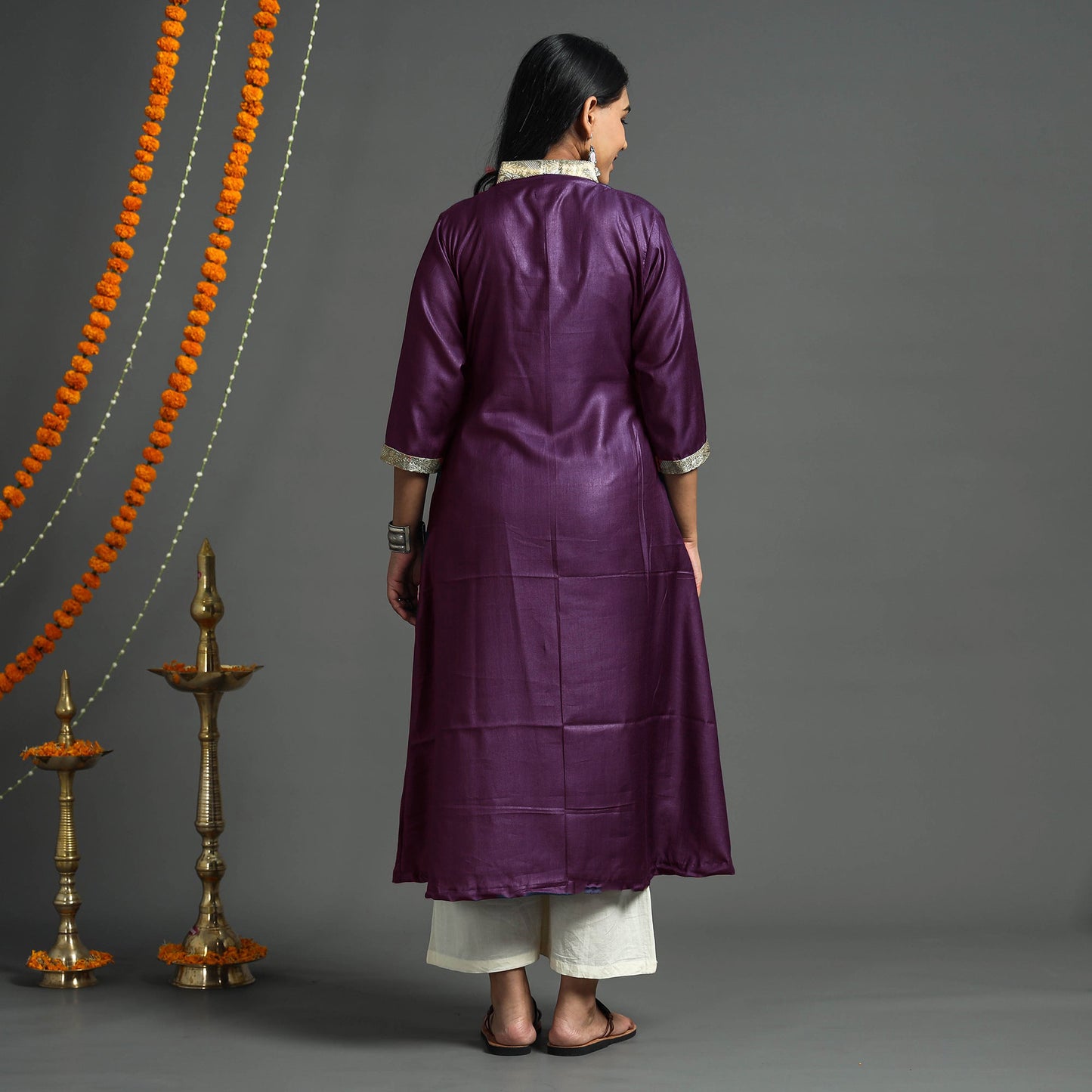 Purple - Plain Tussar Silk Handloom Banarasi Patchwork Floral A-Line Kurta