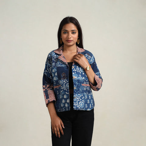 Patchwork Indigo Bagru Print Women's Jacket 07