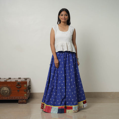 Blue - 24 Kali Cotton Pochampally Ikat Skirt with Border 26