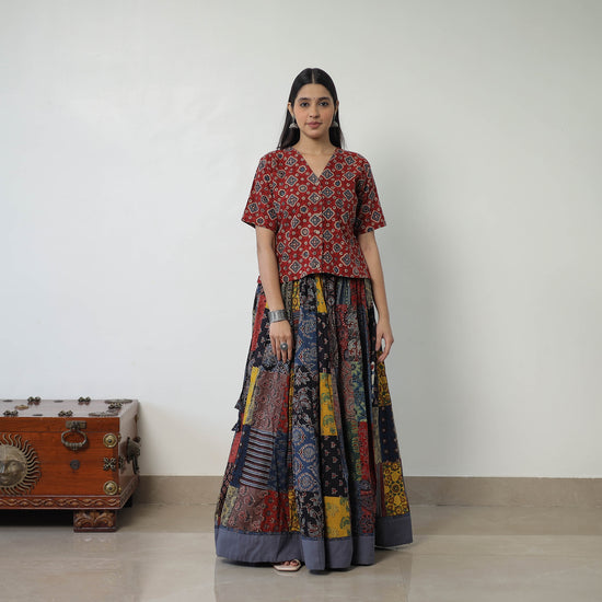 Multicolor - 24 Kali Patchwork Block Printed Cotton Ajrakh Skirt 52