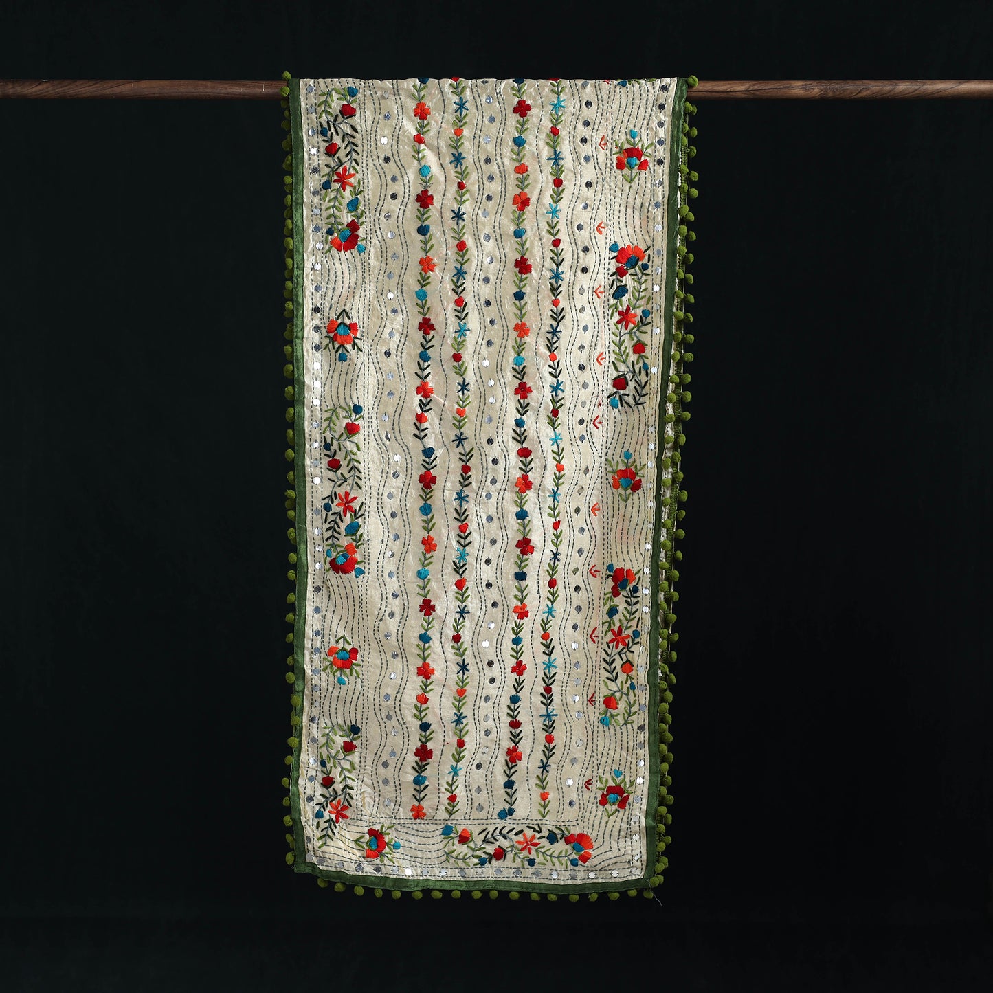 Ranihati Chanderi Silk Hand Embroidered Stole with Pom Pom 186