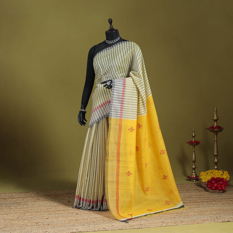 Yellow - handloom tussar silk thread buti stripes saree 49