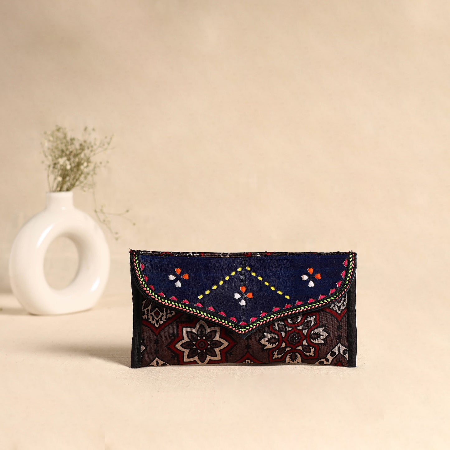 Traditional Kutch Mashru Silk Leather Flap Clutch / Wallet 113