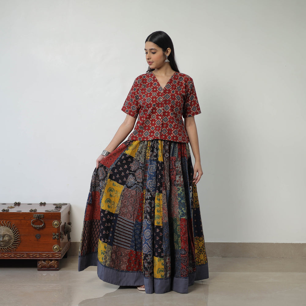 24 Kali Patchwork Block Printed Cotton Ajrakh Skirt 52