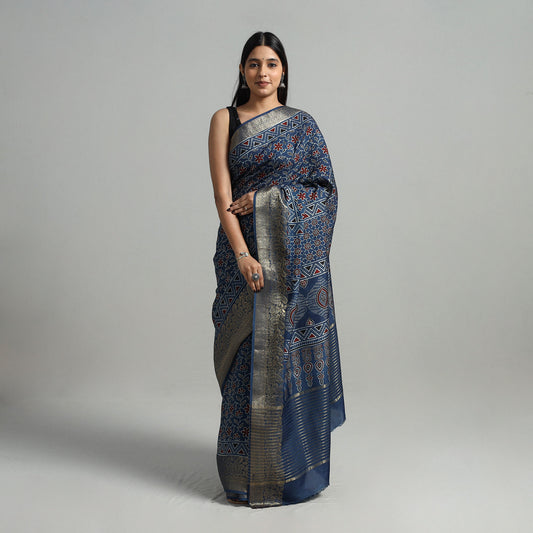 Natural Dyed Hand Block Print Dola Silk Ajrakh Saree 06