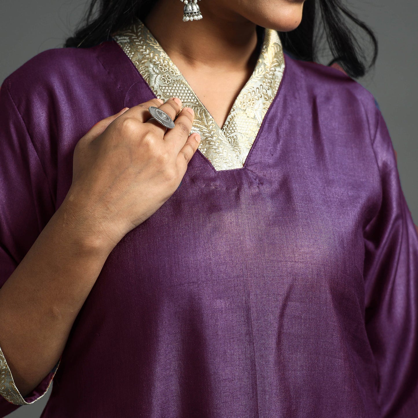 Purple - Plain Tussar Silk Handloom Banarasi Patchwork Floral A-Line Kurta