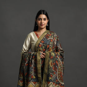 Mangalagiri Cotton Handpainted Pen Work Grey Kalamkari Dupatta 