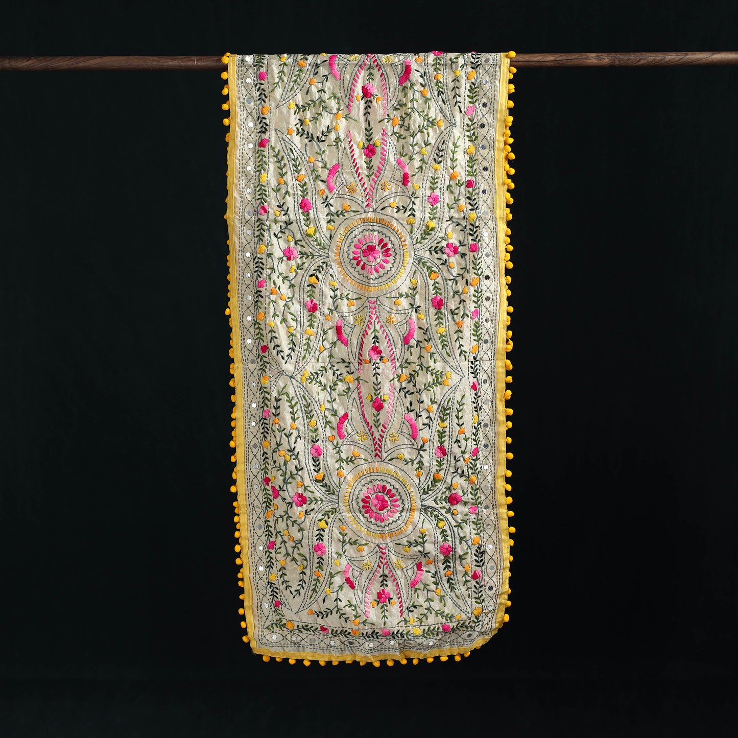 Ranihati Chanderi Silk Hand Embroidered Stole with Pom Pom 184