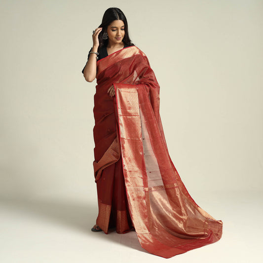 Maroon - Traditional Chanderi Silk Handloom Zari Work Saree by Rauph Khan