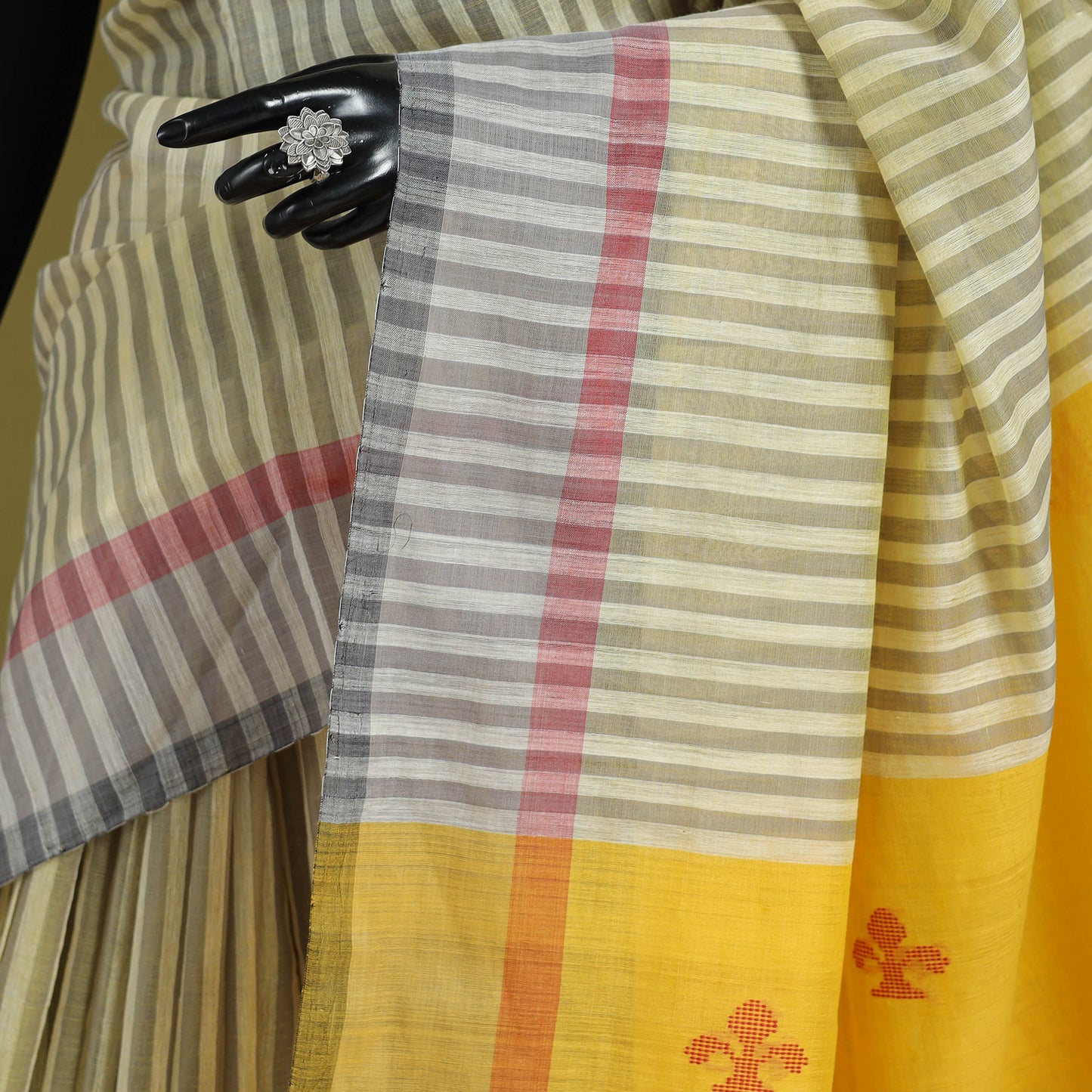 Yellow - handloom tussar silk thread buti stripes saree 49