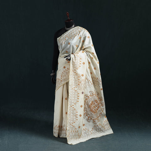 White - Bengal Hand Embroidery Silk Nakshi Kantha Saree 10