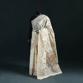 White - Bengal Hand Embroidery Silk Nakshi Kantha Saree 10