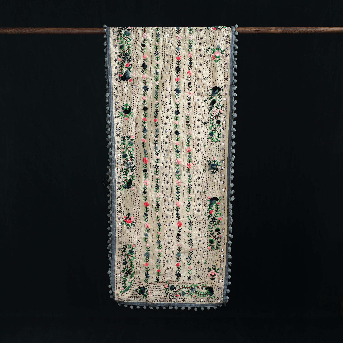 Ranihati Chanderi Silk Hand Embroidered Stole with Pom Pom 183
