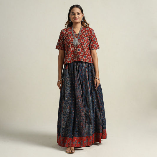 Blue - Ajrakh Block Printed 24 Kali Patchwork Cotton Long Skirt 76