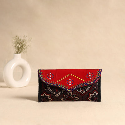 Brown - Traditional Kutch Mashru Silk Leather Flap Clutch / Wallet 114