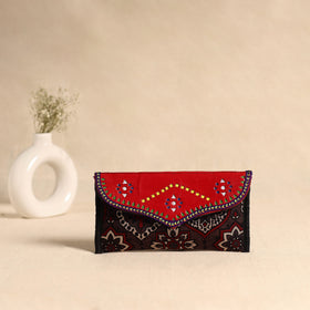 Brown - Traditional Kutch Mashru Silk Leather Flap Clutch / Wallet 114