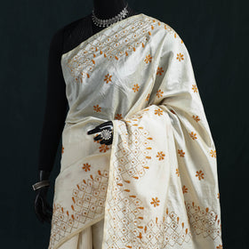 White - Bengal Hand Embroidery Silk Nakshi Kantha Saree 10