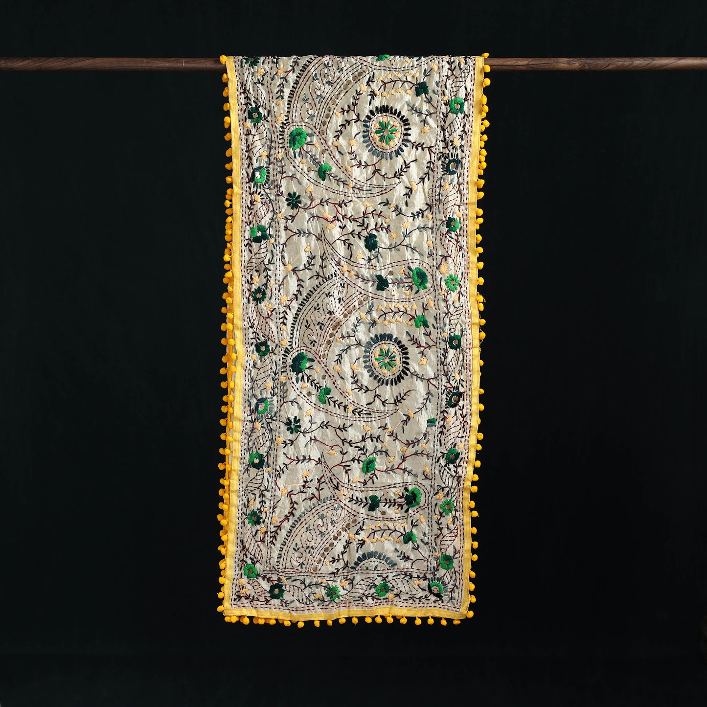 Ranihati Chanderi Silk Hand Embroidered Stole with Pom Pom 182