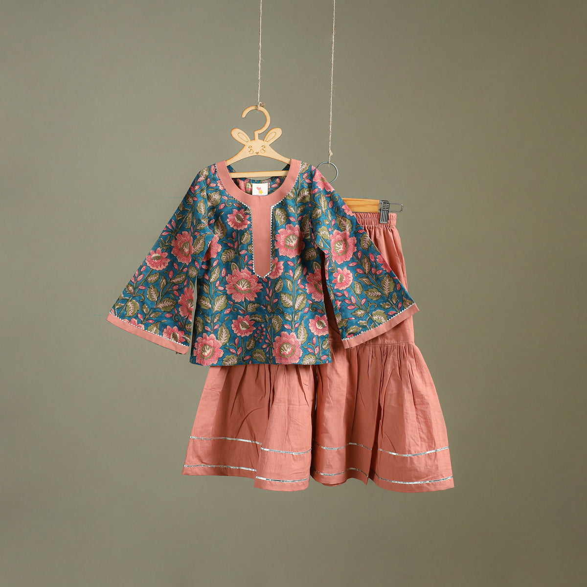 Girls Gota Work Floral Block Print Cotton Kurta with Sharara Set (3-4 Years) 26