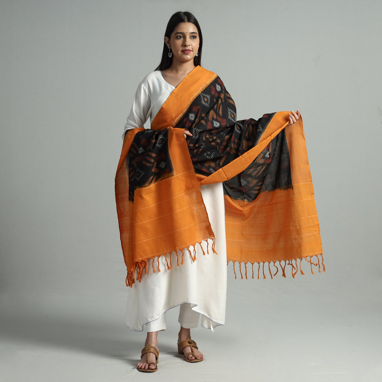 Black - Pochampally Ikat Weave Cotton Handloom Dupatta 49