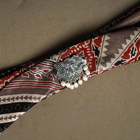 Ajrakh Hand Block Print Natural Dyed Modal Silk Brooch Scarf 03