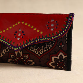 Brown - Traditional Kutch Mashru Silk Leather Flap Clutch / Wallet 114