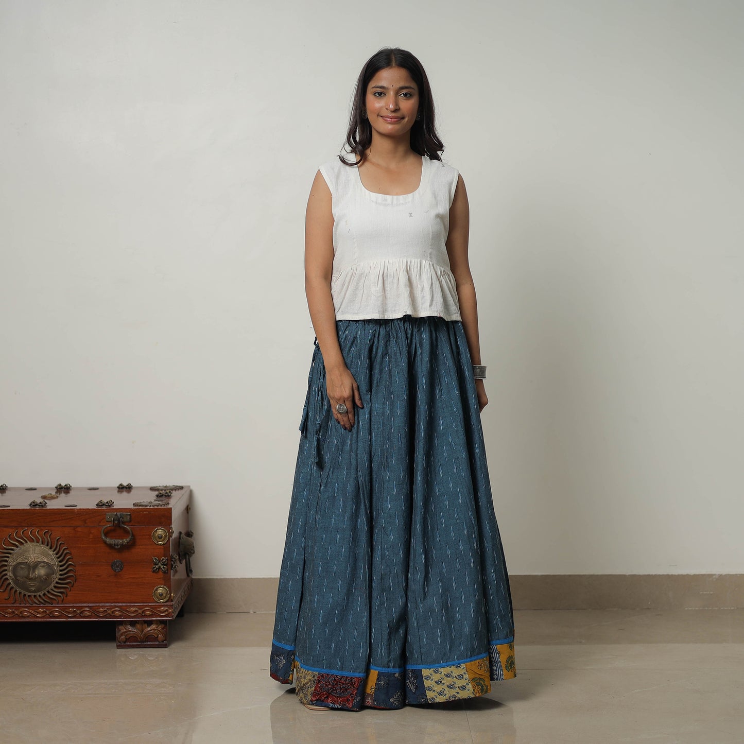 Green - 24 Kali Cotton Pochampally Ikat Skirt with Border 27