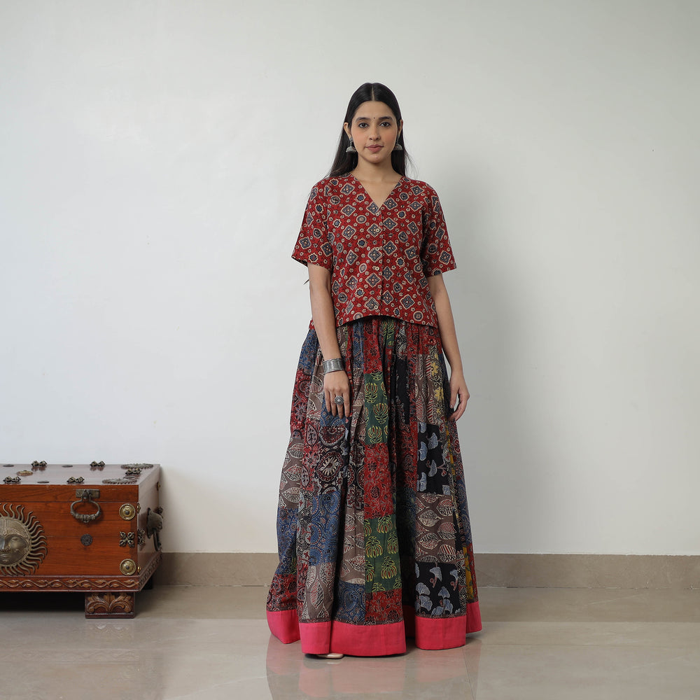 24 Kali Patchwork Block Printed Cotton Ajrakh Skirt 53