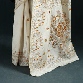 White - Bengal Hand Embroidery Silk Nakshi Kantha Saree 10