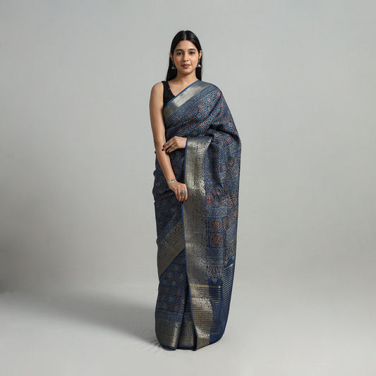 Natural Dyed Hand Block Print Dola Silk Ajrakh Saree 07