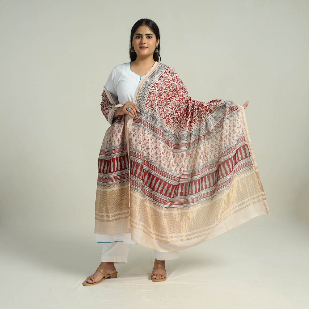 Red - Traditional Maheshwari Silk Bagh Print Dupatta 32